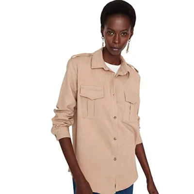 Abbildung von Trendyol Damen Woman Basic Regular Standard Collar Woven Shirt Hemd, Mink Color, 34