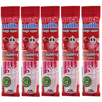 Abbildung von Quick Milk Erdbeere 5 Beutel mit je Halmen Magische Milch Trinkhalme Strohhalme