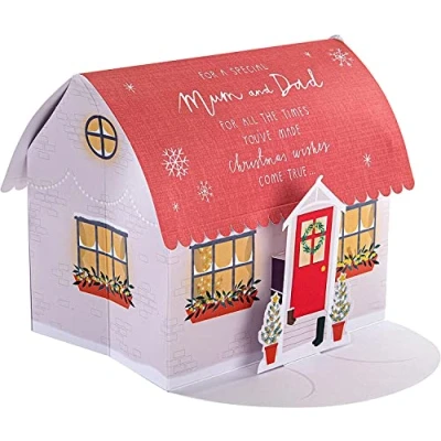 Abbildung von Hallmark Weihnachtskarte Mama &amp; Papa 3D Pop Up Karte Weihnachtsmann Grotte Haus Rot