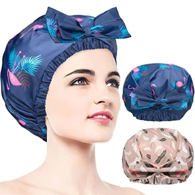 Abbildung von Duschhaube, 2er Pack Extra Large &amp; Adjustable Saum Double Layer Waterproof Bow Knot Hair Reusable Cap für Frauen, Exterior EVA Lining, Oversized Design alle Haare Längen