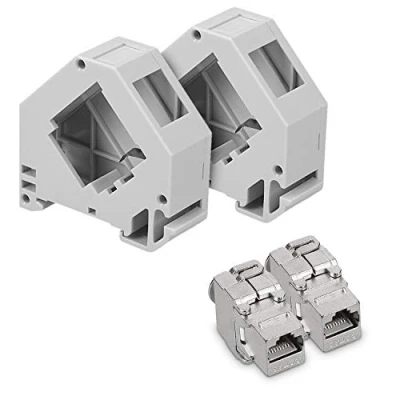 Abbildung von kwmobile Keystone Modul und Hutschienenadapter Set passt auf genormte Hutschiene 2X CAT 6A Module Halter RJ45 Buchse geschirmt werkzeuglos