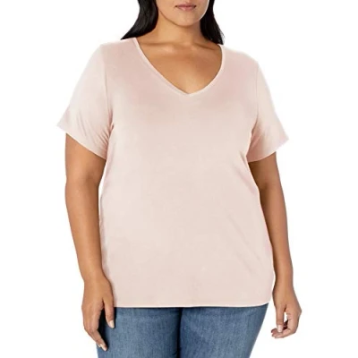 Abbildung von Amazon Essentials Damen Kurzärmeliges T Shirt mit V Ausschnitt (erhältlich in Übergröße), Hellrosa, 4XL Große Größen