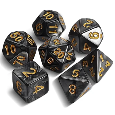 Abbildung von QMAY DND Dice Polyedrisches Würfel Set 7 Stück für Dungeon und Dragons MTG RPG D&amp;D D20, D12, D10, D%, D8, D6, D4 (Schwarz)