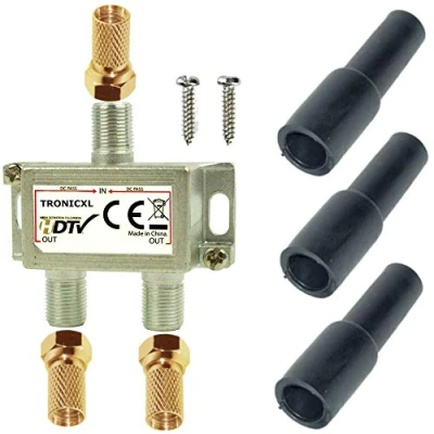 Abbildung von TronicXL Sat Splitter 2 Fach HD tauglich digital Antennenverteiler TV Verteiler F Stecker Adapter Wetterschutz DC Durchlass kompatibel mit für DVBT DVBC Unitymedia Vodafone Kabelfernsehen Silver Line