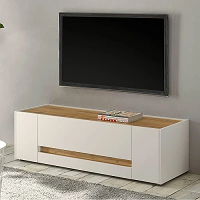 Abbildung von TV Lowboard Wohnbereich modern in weiß mit Absetzungen Wotan Eiche Nb., B/H/T: ca. 140/40/45 cm