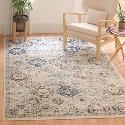 Abbildung von SAFAVIEH Distressed Teppich für Wohnzimmer, Esszimmer, Schlafzimmer Madison Collection, Kurzer Flor, Elfenbein und Aqua, 91 X 152 cm