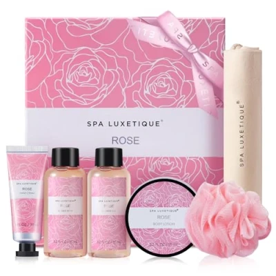 Abbildung von SPA LUXETIQUE Bade Geschenket für Frauen 6 tlg. Pflegeset Rosenduft in Reisegröße Duschgel, Bodylotion, Schaumbad, Handcreme, Leinentasche mit Kordelzug, Reise Set Geschenk, Weihnachtsgeschenke