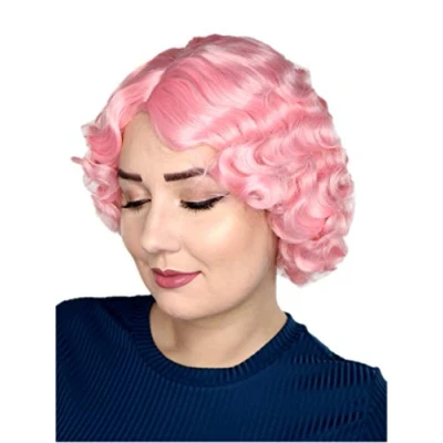 Abbildung von Prettyland Damen Kurzhaar Perücke Kinnlang mit Locken Retro Welle Seitenscheitel hell rosa Wig C072