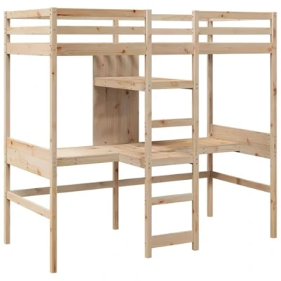 Abbildung von vidaXL Hochbett, Holzbett mit Schreibtisch Ablagen, Bettgestell Lattenrost Rausfallschutz, Bett für Kinder Jugendliche Erwachsene, 90x200cm Massivholz Kiefer
