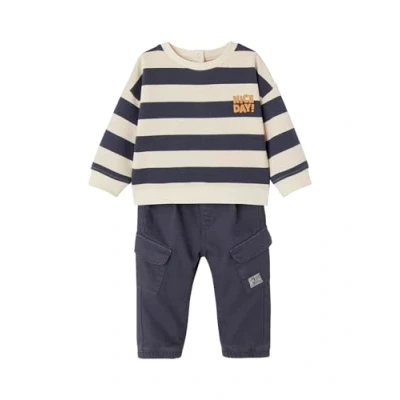 Abbildung von Vertbaudet Jungen Baby Set: gestreiftes Sweatshirt &amp; Cargohose schieferblau 68