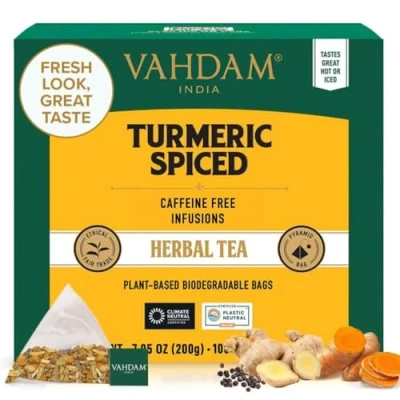 Abbildung von VAHDAM, Turmeric Spice Kräutertee Beutel (100 Teebeutel) Koffeinfrei Kurkuma &amp; Gartenfrischen Gewürzen Verpackt in Indien Brühen Sie Heiß, Eis oder Kombucha Tee