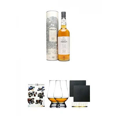 Abbildung von Oban 14 Jahre Single Malt Whisky 0,7 Liter + Poster The Making of DIN A1 Glencairn Glass Glas Stölzle 2 Stück Schiefer Glasuntersetzer eckig ca. 9,5 cm Ø