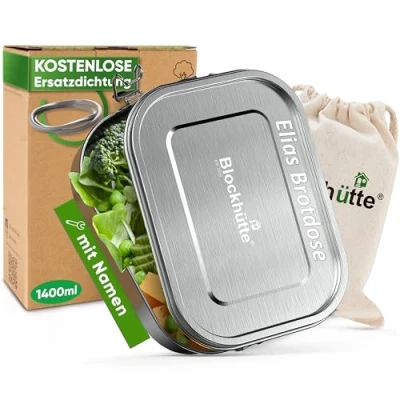 Abbildung von Blockhütte Personalisierte Edelstahl Brotdose mit Gravur I 1400 ml Lunchbox Name, Bento Box für Erwachsene, 3 Fächern, Meal Prep Boxen, personalisierbar