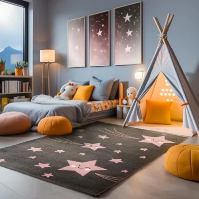 Abbildung von SIMPEX Teppich Kinderzimmer süßes Stern Design Kurzflor Kinderteppich Mädchen Spielteppich Modern Babyzimmer Teppiche für Junge und Extra Weich Antiallergen 160 x 230 cm