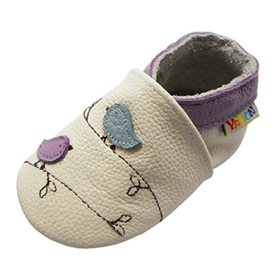 Abbildung von YALION Premium Weich Leder Babyschuhe Krabbelschuhe Lauflernschuhe Hausschuhe mit Vögel Weiß, EU 24/25=XL