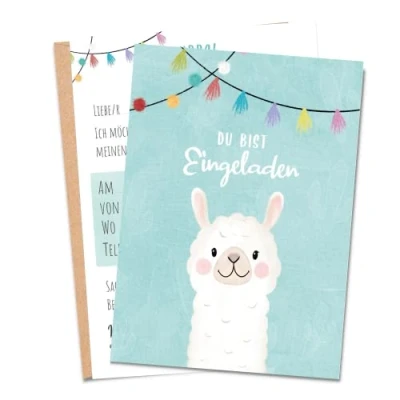 Abbildung von MeinBaby123® 10 Einladungskarten Kindergeburtstag Mädchen und Jungs süße Geburtstagseinladungen für Kinder Alpaka inkl. Briefumschläge Premium Qualität (Alpaka V2)