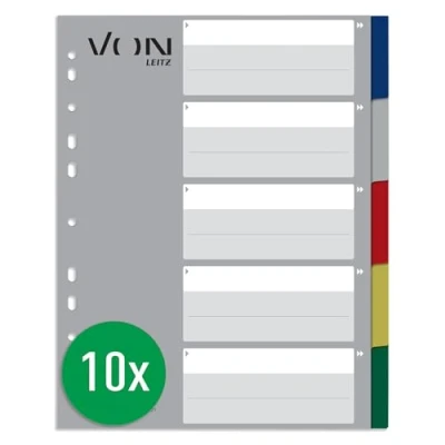 Abbildung von VON Leitz 10er Pack 5 teiliges Register A4, Blanko Trennblätter für Ordner, PP, Extra breit, 11 Loch Universalregister Schnellhefter &amp; Ringbücher, Mehrfarbig, 12230000