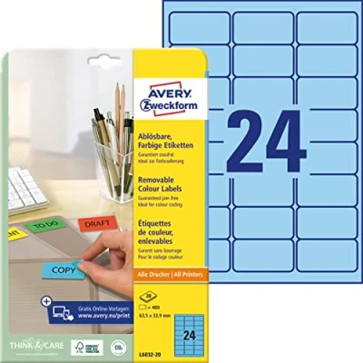 Abbildung von AVERY Zweckform L6032 20 Blaue Etiketten (480 Aufkleber, 63,5x33,9mm auf A4, wieder rückstandsfrei ablösbar, selbstklebende Farbetiketten, Papier matt, bedruckbare, farbige Klebeetiketten) Blatt