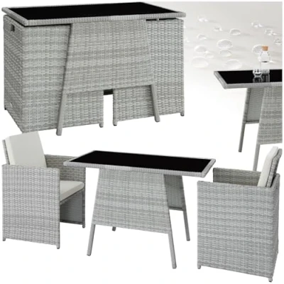 Abbildung von tectake® Poly Rattan Sitzgruppe für 2 Personen, Outdoor Möbel platzsparend zusammenschiebbar, Sessel &amp; 1 Tisch, ideales Balkon Lounge Set, Gartenmöbel, Terrassenmöbel wetterfest hellgrau