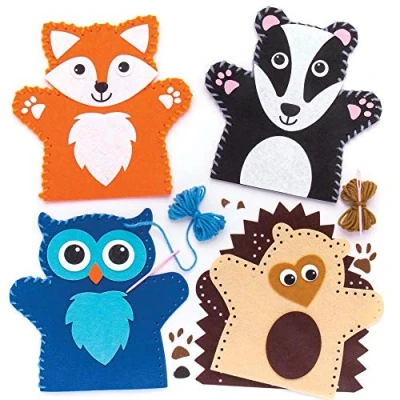 Abbildung von Baker Ross AR637 Waldtiere Handpuppen Nähsets für Kinder 4er Pack, Puppen Bastelset zum Nähen Kinder, Sortiert