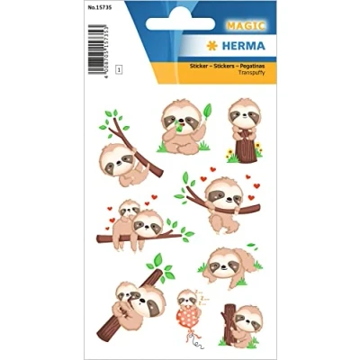 Abbildung von HERMA 15735 Aufkleber Faultier klein groß, 9 Stück, Tiere Sticker mit lustigen Faultieren Motiv, Kinder Etiketten für Fotoalbum Tagebuch Poesiealbum Scrapbooking Geburtstag Deko Briefe DIY Basteln