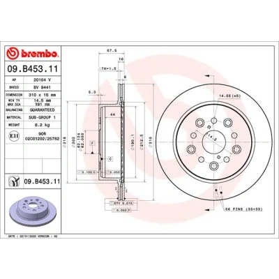 Abbildung von BREMBO 09.B453.11 Bremsscheibe 310 16 5 innenbelüftet beschichtet LEXUS: LS II, III