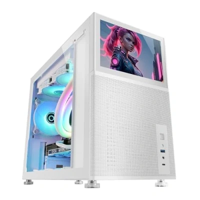 Abbildung von Mars Gaming MC LCD, Kompaktes Micro ATX PC Gehäuse, 8&quot; IPS LCD Display, Seitliches, Oberes und Vorderes Mesh Gitter, Seitenfenster Gehärtetem Glas, Mini Tower Modularem Panel Design, Weiß