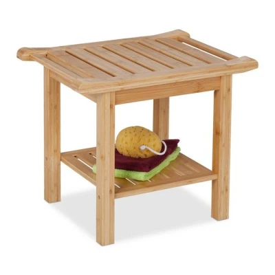 Abbildung von Relaxdays Badhocker aus Bambus, extra Ablagefläche &amp; Griffe, HxBxT: 45 x 55 40,5 cm, Stauraum in Flur Bad, Natur