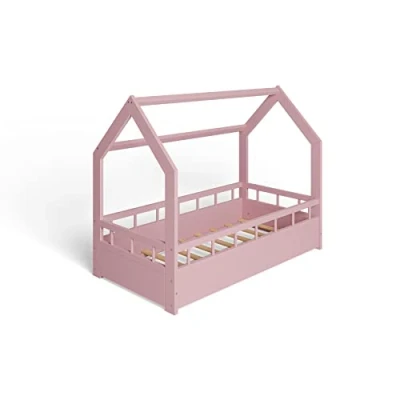 Abbildung von ms factory Hausbett Kinderbett 70x140 cm mit Rausfallschutz und Lattenrost Einzelbett aus Kiefernholz für Mädchen Junge Rosa