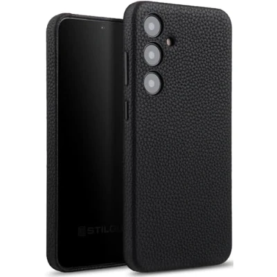 Abbildung von STILGUT Cover kompatibel mit Samsung Galaxy S24 Plus Case aus Leder Tasten &amp; Kameraeinfassung Metall Schwarz