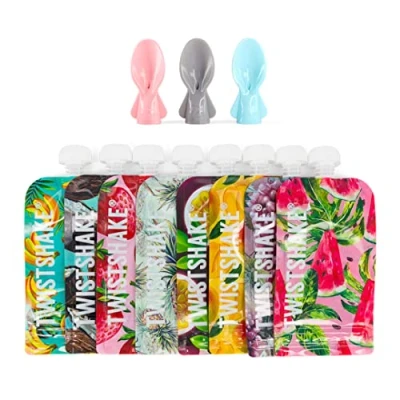 Abbildung von Twistshake 8x Quetschbeutel 220ml + 3x Löffel für Babynahrung Doppelter Reißverschluss Wiederverwendbarer Lebensmittelbeutel BPA freier Babybeutel und Selbstfütterungslöffel