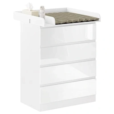 Abbildung von WOLTU Wickelkommode mit abnehmbarer Wickelauflage, Wickeltisch Baby, Wickelregal, Kommode 4 Schubladen, Höhe 110 cm, Weiß + Hochglanz