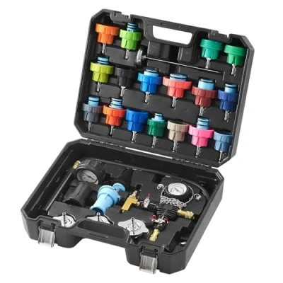 Abbildung von VEVOR 28 teiliges Kühlerkühlmittel Druckprüfer Set Abdrückgerät, Abdrücken Tester Kühlwasser Befüllgerät, Kühler Entlüftungsgerät Kühlsystemtester inkl. Thermometer, 17 Metalladapter und 3 Prüfkappen