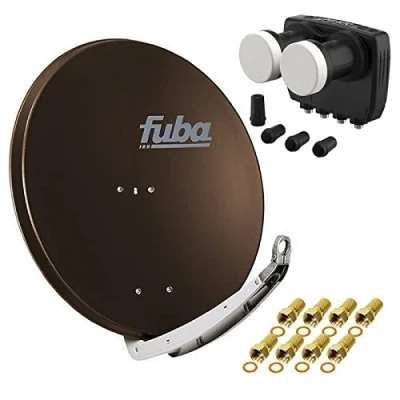 Abbildung von Digital Sat Anlage 2 Satelliten Astra/Hotbird 4 Teilnehmer Fuba DAA850B Schüssel 85cm braun + DUR line MB6 QS Monoblock Quad LNB 6 (DVB S2, HDTV, 4K/8K, 3D) 8xF Stecker vergoldet