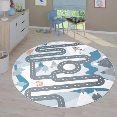 Abbildung von TT Home Kinderzimmerteppich Teppich Junge Mädchen Kinderteppich Baby rutschfest Straße, Farbe: Creme, Größe:200 cm Rund