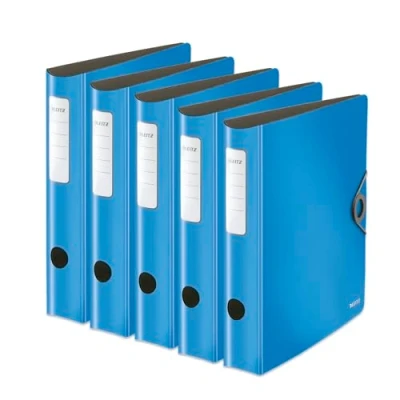 Abbildung von Leitz Qualitäts Ordner 180 Active Solid, 5er Pack, A4, Schmal, Abgerundeter Rücken, 6,5 cm breit, Gummibandverschluss, Leichtes Polyfoam, Plastik Ordner, Hellblau, 10481030