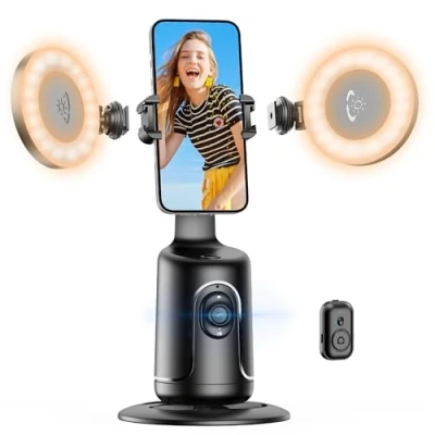 Abbildung von Auto Face Tracking Tripod mit 2 Selfie Licht, 360 Drehbar Handyhalterung für Smartphone, Smart Automatisch Gimbal Stabilisator for Vlog, Streaming, Video, Keine App, Gestensteuerung
