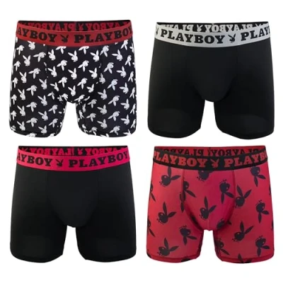 Abbildung von Playboy Herren Sportliche Boxershorts für den täglichen Gebrauch, aus weichem, gebürstetem Stoff, Größen S, M, L und XL, 4 Stück Retroshorts, 4er Pack Bunny Wurf, Large