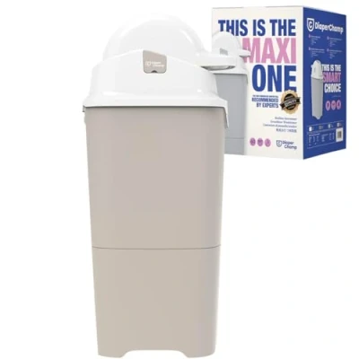 Abbildung von DIAPER CHAMP ONE MAXI Windeleimer geruchsdicht OHNE Nachfüllkassetten funktioniert mit normalen herkömmlichen Tüten, Müllbeutel für ca. 60 Windeln beige, weiß
