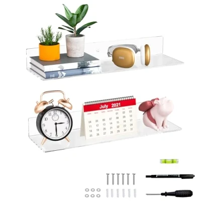 Abbildung von Sezanrpt 50cm klare Wandregale für Wand, Wand montiert Acryl schwimmend Regal Pflanzen, Lautsprecher, Radio, Funko Pop, Plüschtier, Bücher, Kosmetik, Toilettenartikel, 2 Pack (50cm)