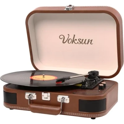 Abbildung von Plattenspieler, VOKSUN Bluetooth Schallplattenspieler Turntable mit Lautsprecher, Riemenantrieb 33/45/78 U/min, Koffer, Vinyl zu MP3 Funktion/USB/Aux In/RCA