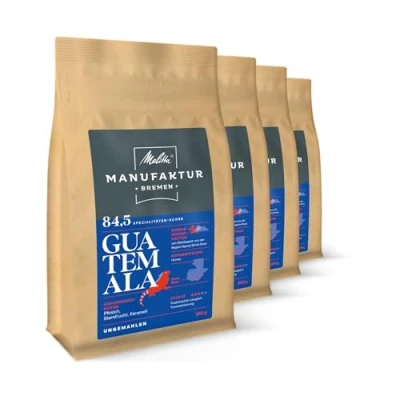 Abbildung von Melitta Manufaktur Kaffee Guatemala Honey, Spezialitäten Kaffee, 4 x 250g, ganze Bohnen, ungemahlen, Single Origin sanfte Trommelröstung, geröstet in Deutschland, Stärke 3, im Tray