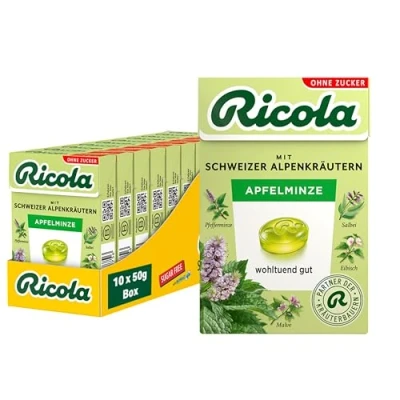 Abbildung von Ricola Apfelminze, 10 Böxli original Schweizer Kräuter Bonbons mit 13 Alpenkräutern &amp; natürlicher zuckerfrei, x 50g, vegan