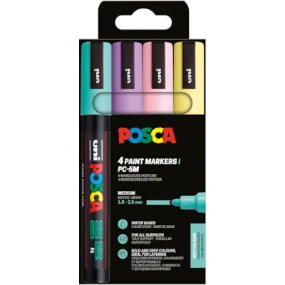 Abbildung von POSCA Uni Ball 182546 Marker Set, 4 Acrylstifte Pastell PC 5M, Permanent 1,8 2,5 mm Rundspitze