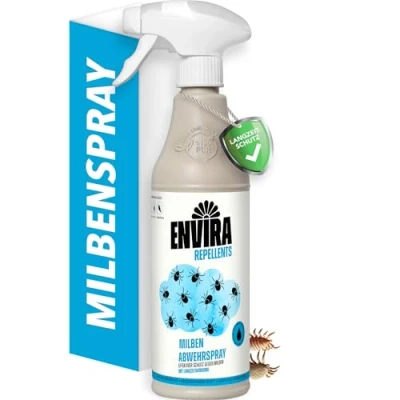 Abbildung von Envira Milben Abwehrspray 500 ml Spray mit Langzeitwirkung gegen &amp; Hausstaubmilben Milbenschutz für Matratzen Mittel in der Wohnung (PT19)