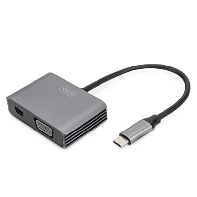 Abbildung von DIGITUS USB C Grafikadapter zu Mini DisplayPort &amp; VGA UltraHD 4k/30Hz 1.4 Kabellänge 20cm Plug Play Grau
