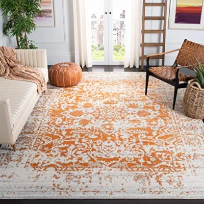 Abbildung von SAFAVIEH Distressed Teppich für Wohnzimmer, Esszimmer, Schlafzimmer Madison Collection, Kurzer Flor, Orange und Elfenbein, 91 X 152 cm