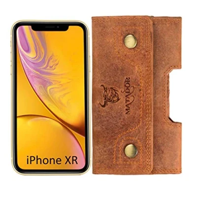 Abbildung von MATADOR Leder Gürteltasche kompatibel mit Apple iPhone 15 Pro/ 15/14 14/13 13/12 12/11/ XR Lederhülle Clip Schlaufe Braun