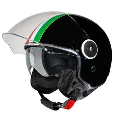 Abbildung von VINZ Neiva Jethelm mit Doppelvisier Roller Helm Fashionhelm Italienische Flagge In Gr. XS XXL Jet Sonnenblende ECE 22.06 Zertifiziert Motorradhelm Visier Schwarz
