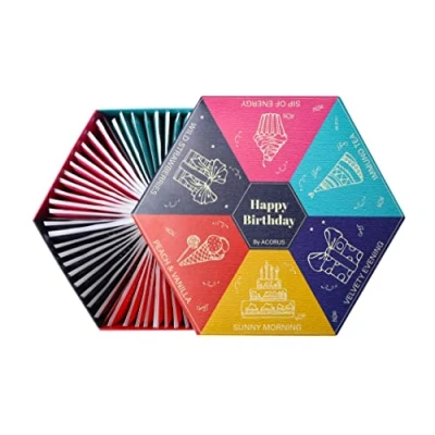 Abbildung von Happy Birthday von Acorus Tee Set zum Geburtstag für alle, die uns wichtig sind Geschenkset mit warmen Wünschen Kräutertee, Früchtetee und Schwarztee Teebox 60 Teebeutel